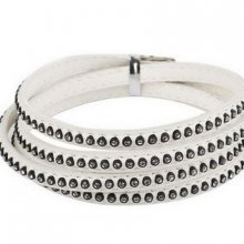 Leather 06 mm White inlaid with rhinestones 1 meter