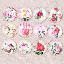 Lot 20 round glass cabochons 25 mm Pink Flower