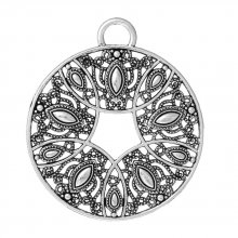 Pendentif N°02 en Alliage Rond Fleur Creux Argent Vieilli 73 mm x 64 mm