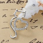 Lot of 3 Cat Charm N°06 Zinc Alloy Cat Silver Heart Strass Transparent 36 mm x 22 mm