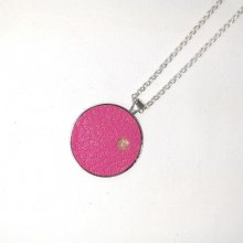 Brass and pink leather pendant, natural stone cabochon rose quartz.