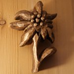 Edelweiss carved wood hand waxed walnut tone, lime, sculpture, interior decoration