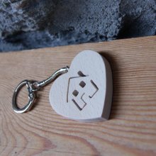 key ring heart and motif house cut in the heart of solid wood, handmade