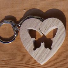 handmade heart and butterfly key ring made of solid beech wood
