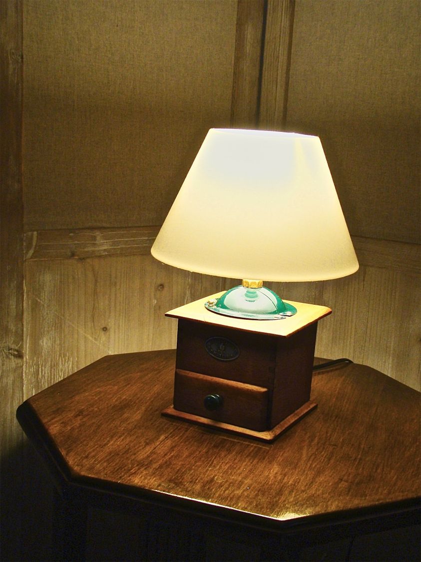 Old green coffee grinder lamp