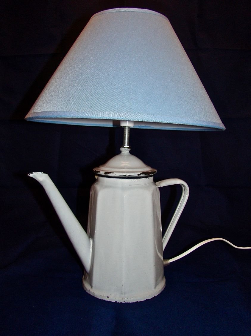 Antique enamelled sheet metal coffee pot lamp