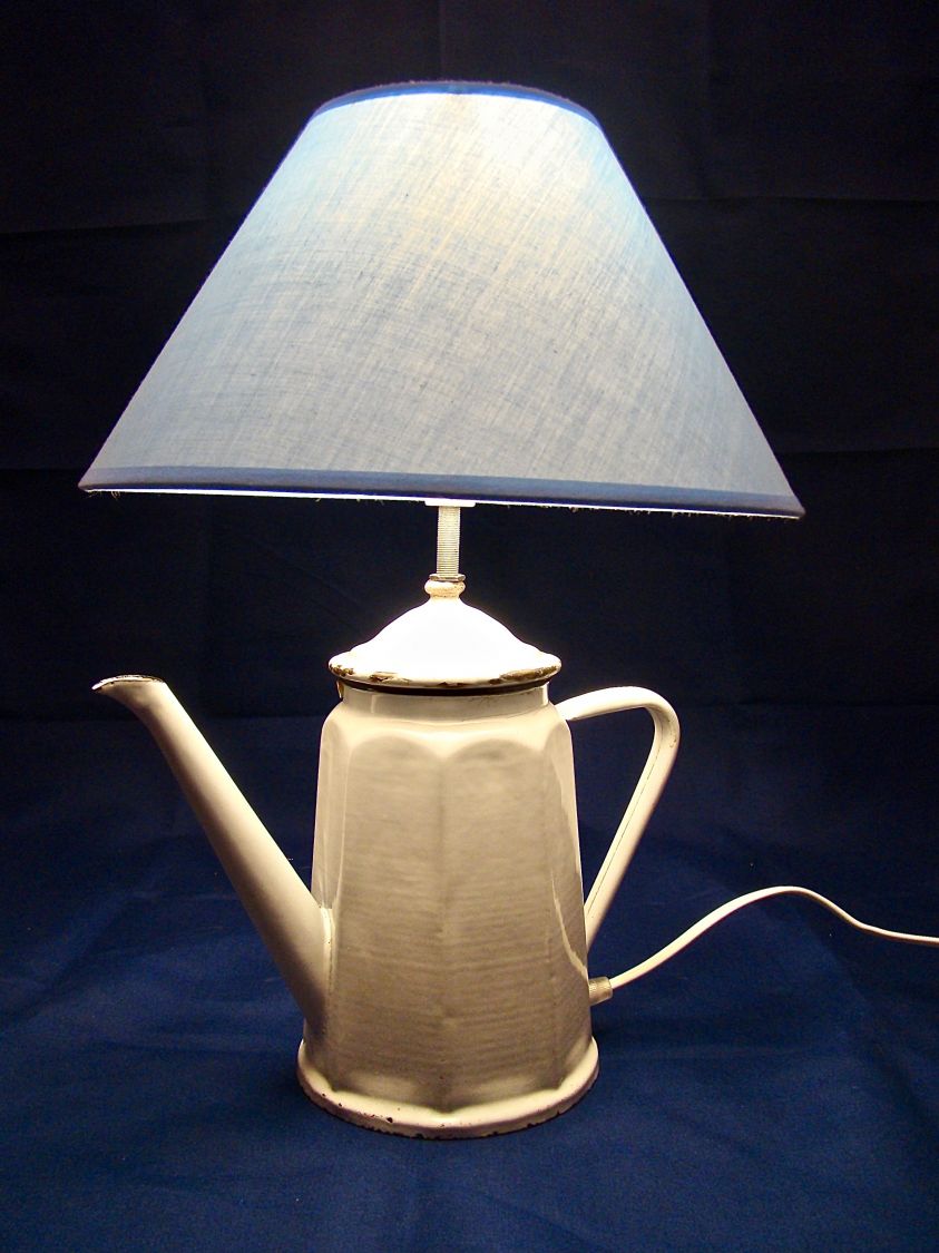 Antique enamelled sheet metal coffee pot lamp