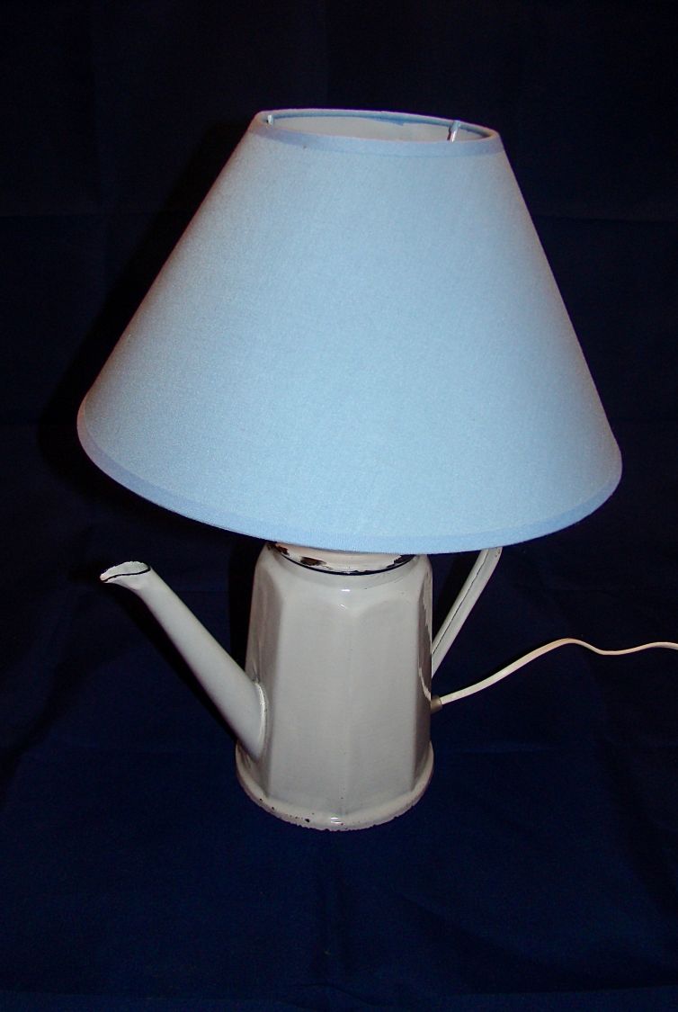 Antique enamelled sheet metal coffee pot lamp