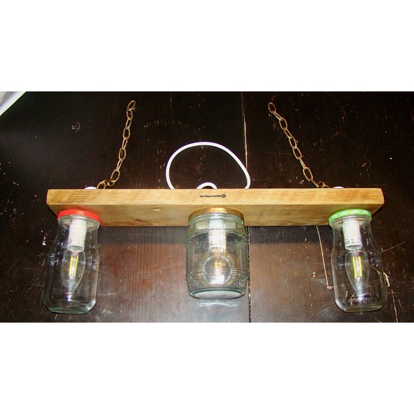 Small chandelier with recycled jars and wood.