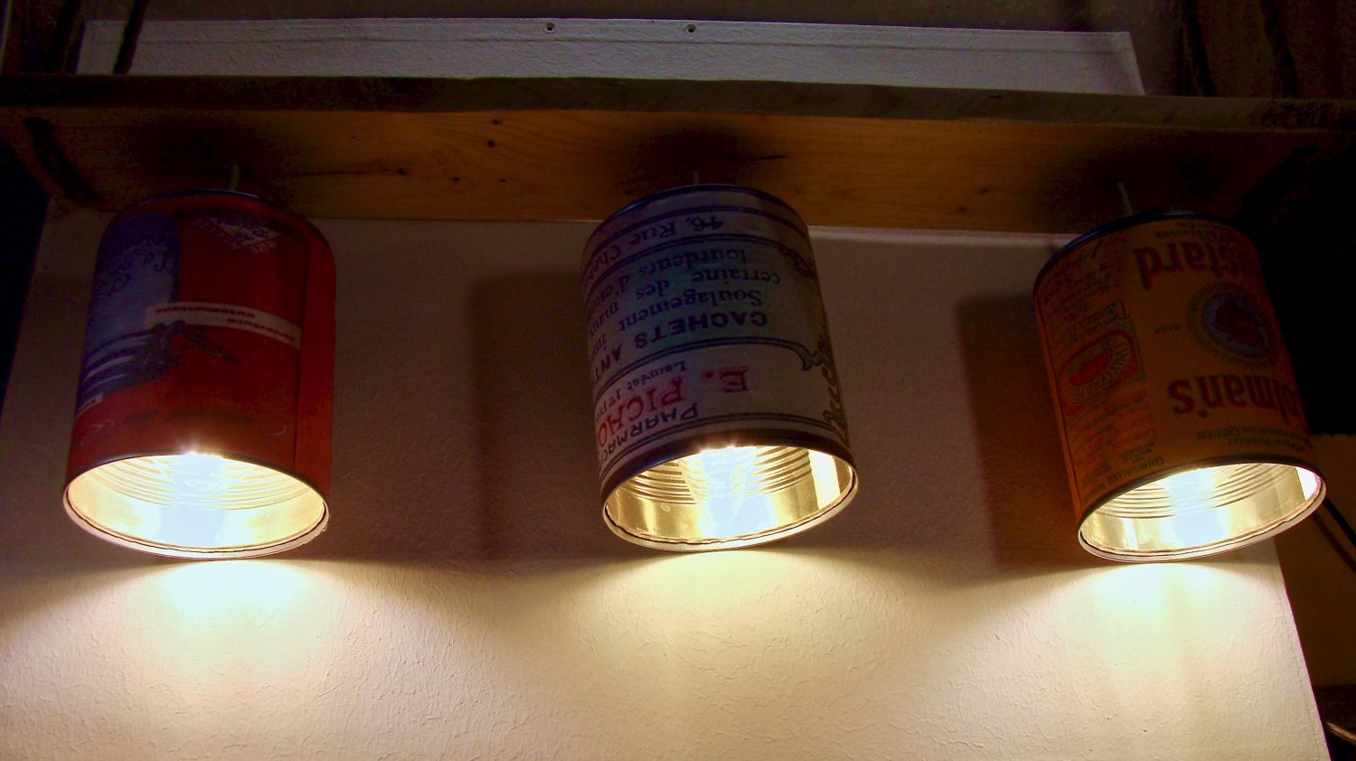 Wooden chandelier and vintage tin can 