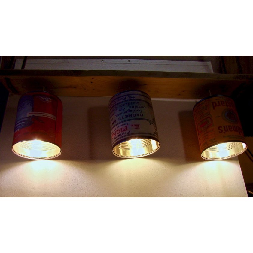 Wooden chandelier and vintage tin can 