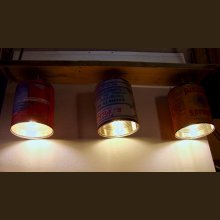 Wooden chandelier and vintage tin can 