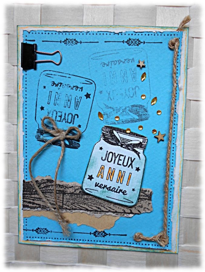 Carte scrap Joyeux Anniversaire sablier strass turquoise effet bois et corde 