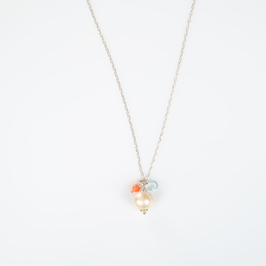 Single Pendant Aquamarine and Coral Bead in Silver 