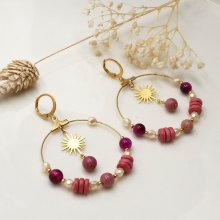 Boucles d'oreilles grandes créoles dorées perles roses et blanc nacré