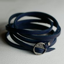 Leather bracelet 5 turns adjustable navy blue