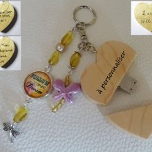 Keychain Heart usb key to engrave Cabochon & butterfly