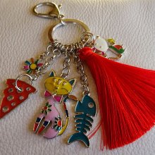 Keychain pendants Cat & mouse red pompon
