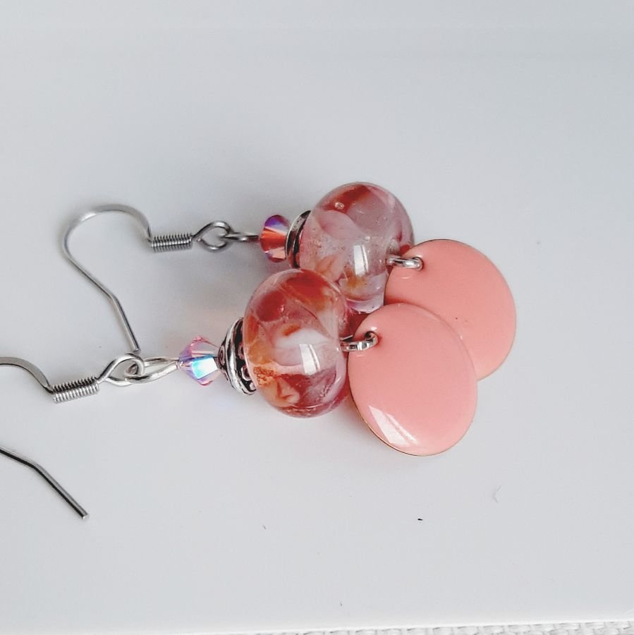 salmon pink designer earrings with transparent pearl handmade