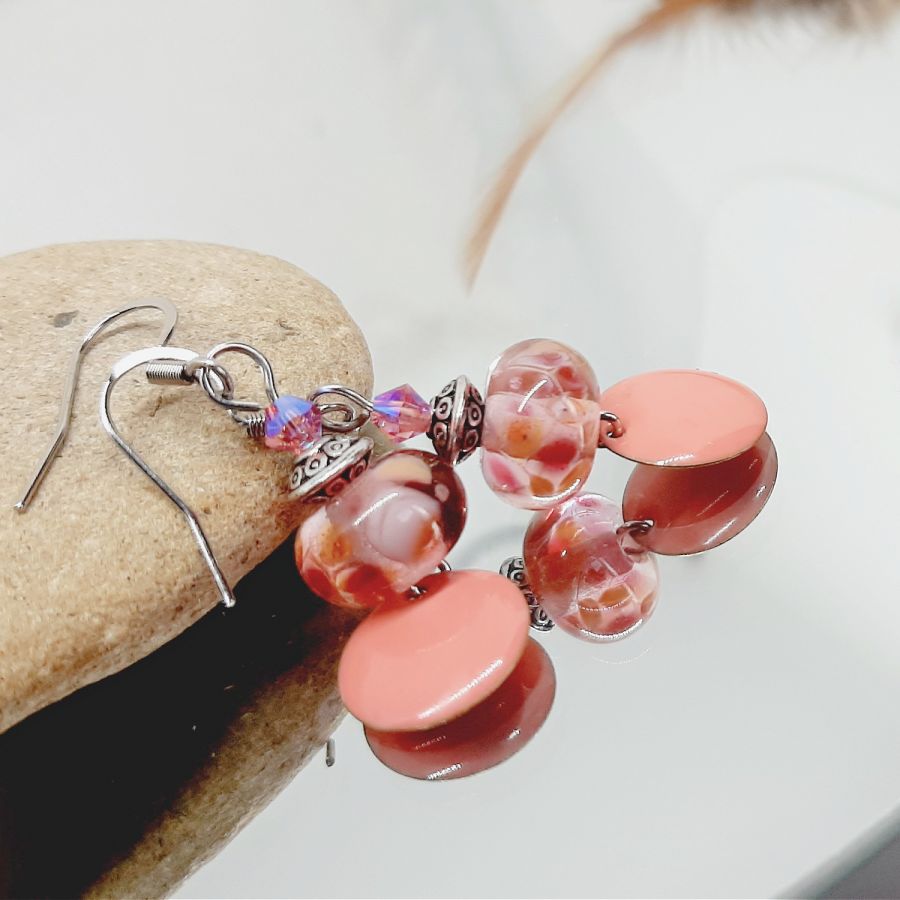 salmon pink designer earrings with transparent pearl handmade