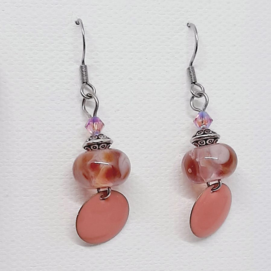 salmon pink designer earrings with transparent pearl handmade