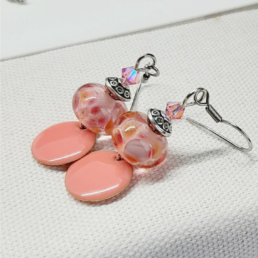 salmon pink designer earrings with transparent pearl handmade