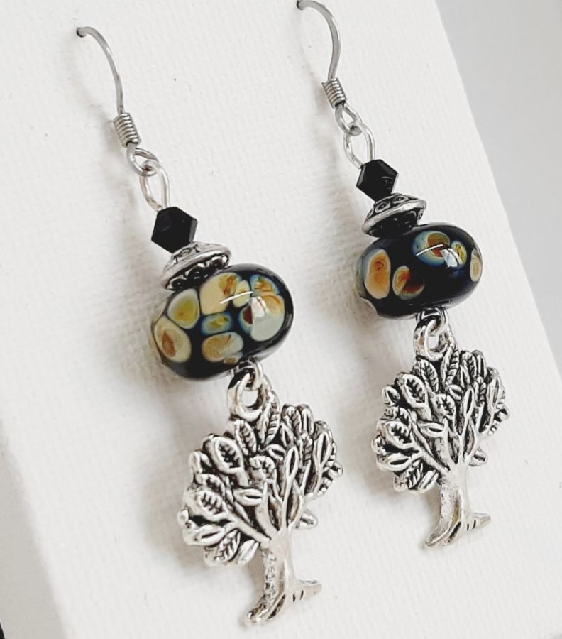 black glass beads earrings and silver plated tree of life pendant