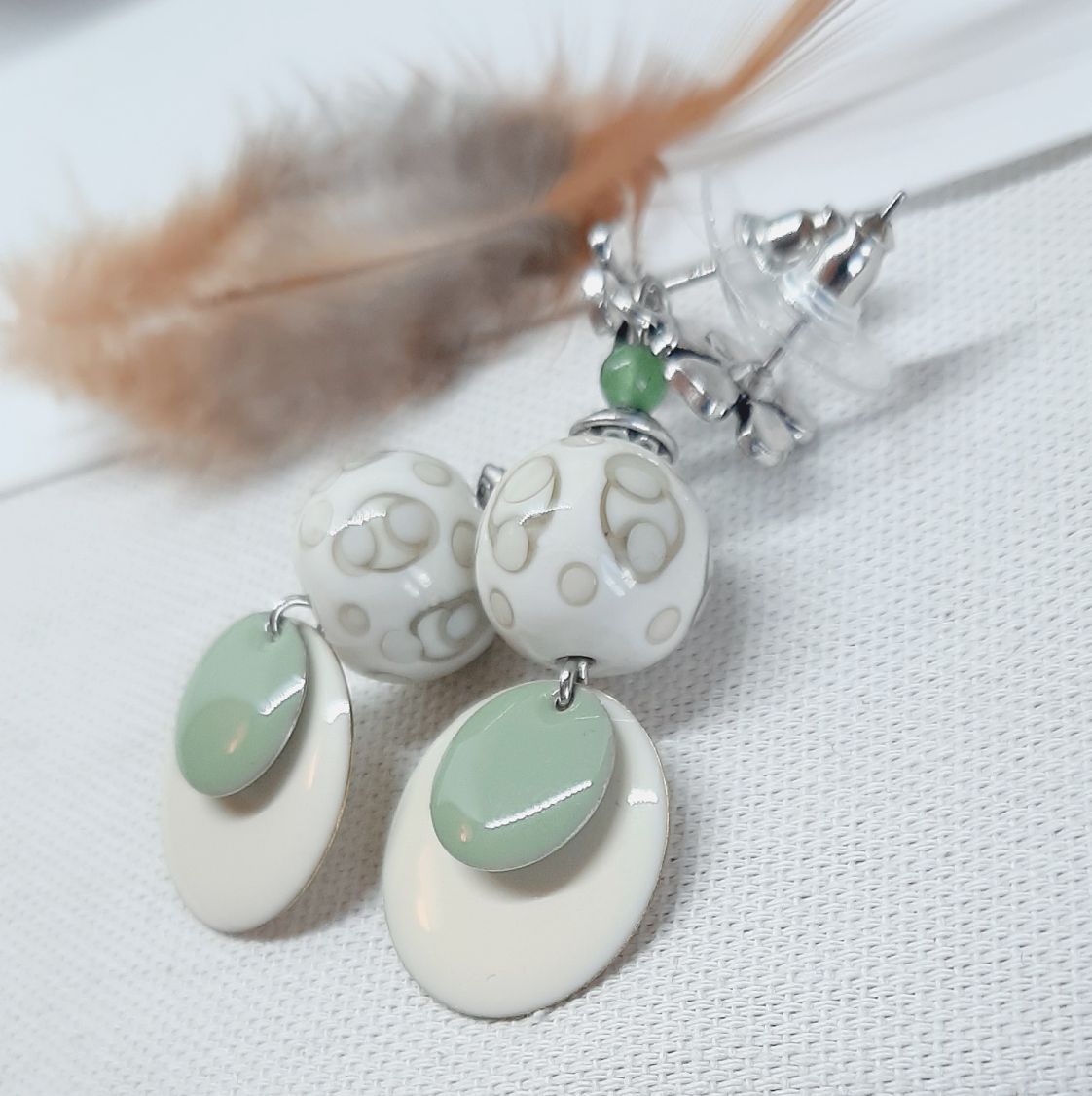 beige earrings fashion colors and almond green with beads handmade 