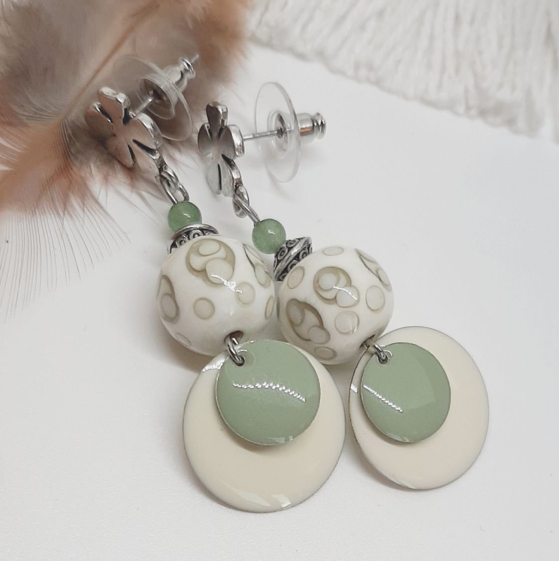 beige earrings fashion colors and almond green with beads handmade 