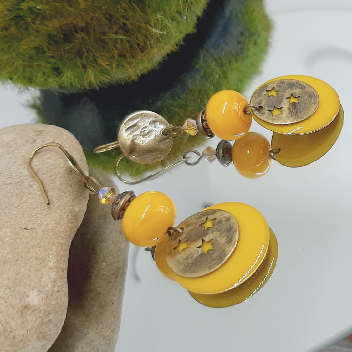 yellow earrings buttercup and bronze color with handmade beads