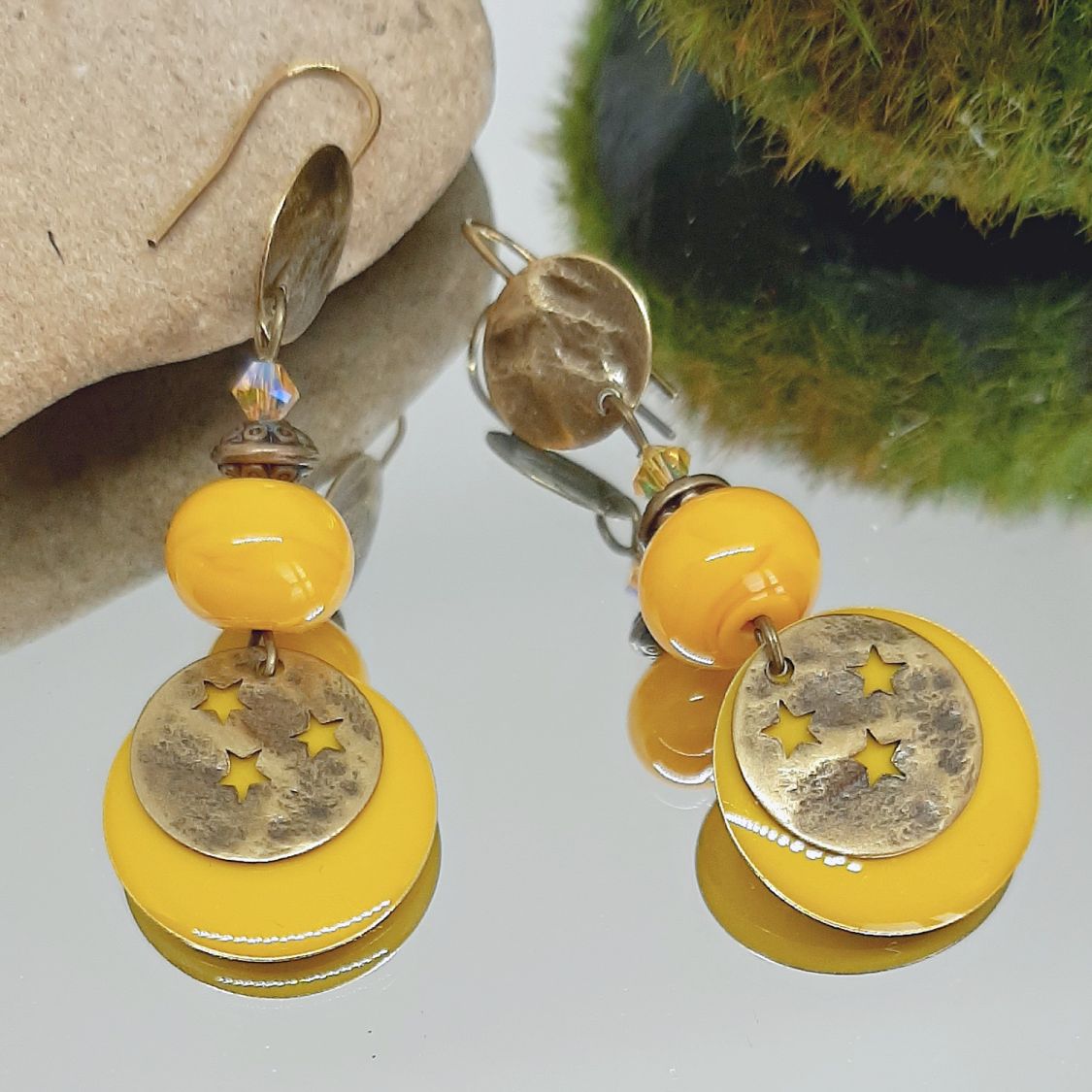 yellow earrings buttercup and bronze color with handmade beads