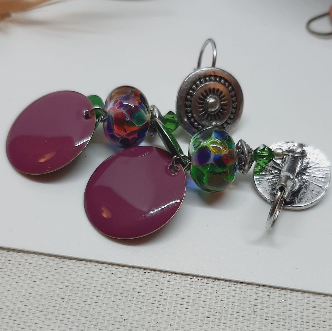 earrings for pierced ears green and purple original colors and perfect match on glass beads