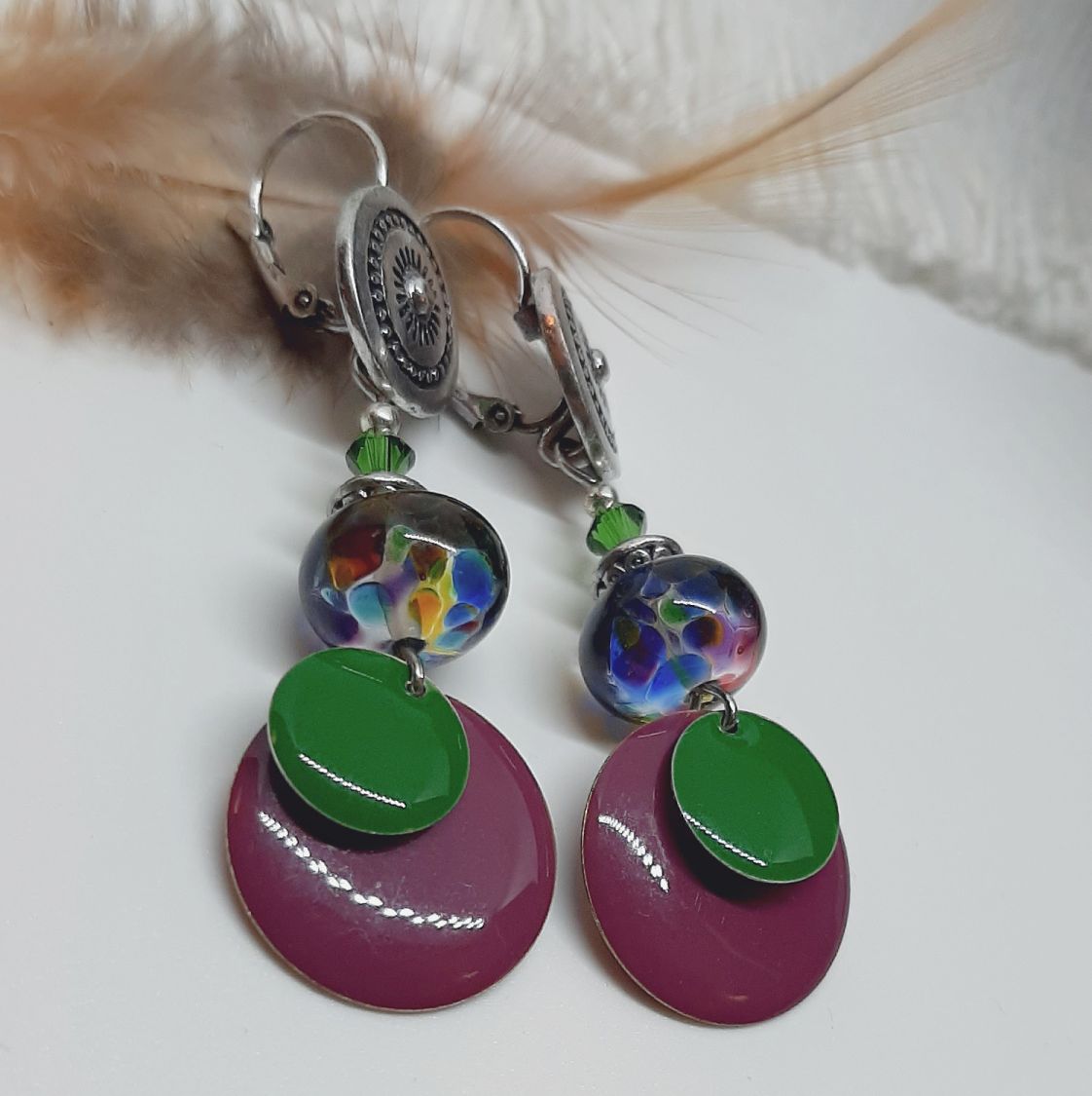 earrings for pierced ears green and purple original colors and perfect match on glass beads