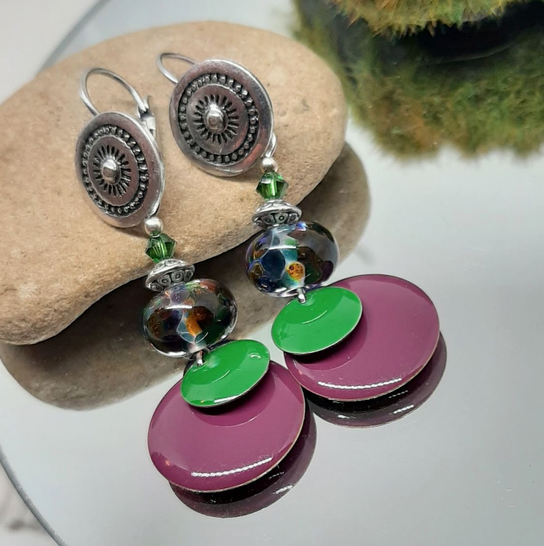 earrings for pierced ears green and purple original colors and perfect match on glass beads