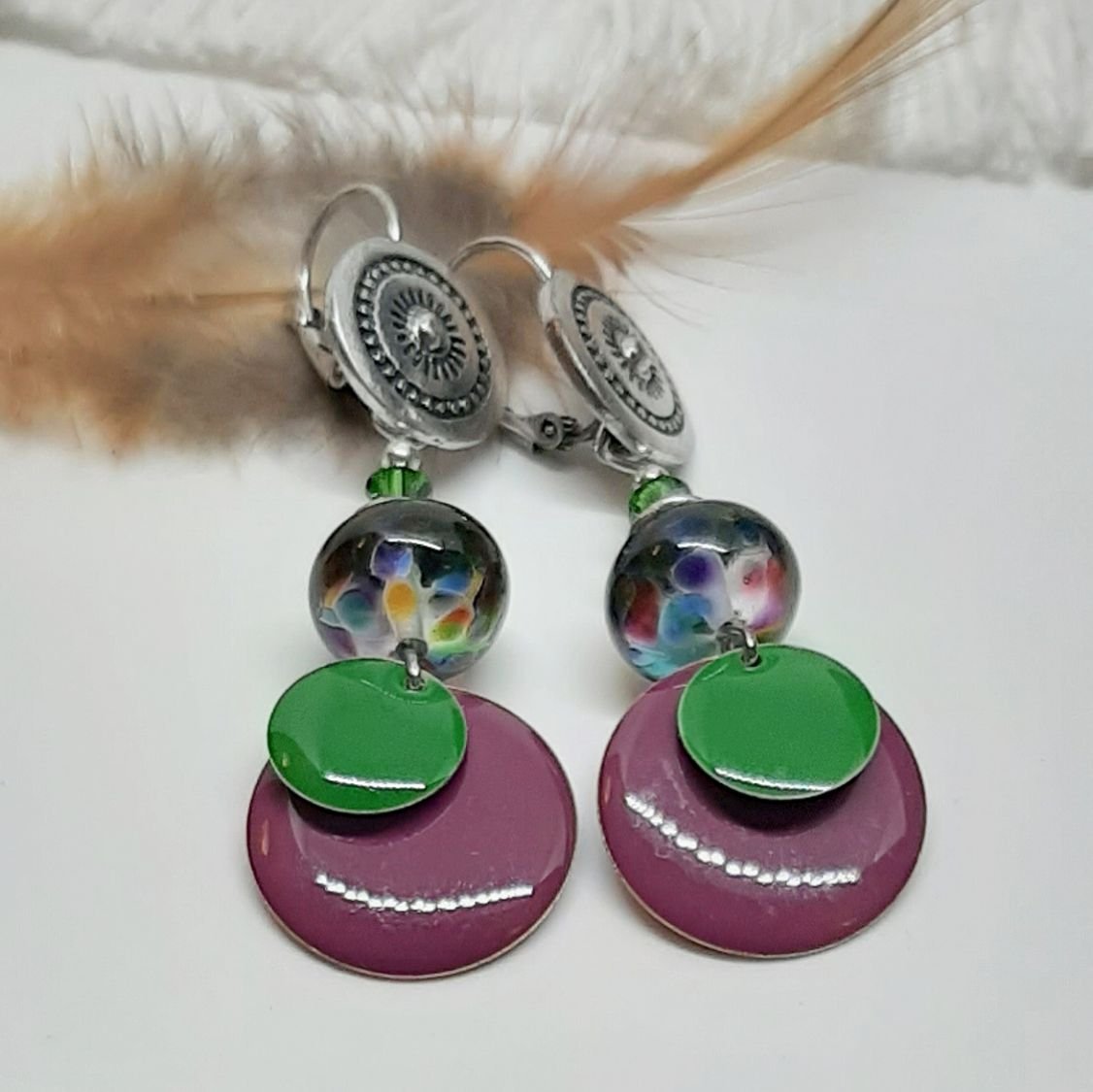 earrings for pierced ears green and purple original colors and perfect match on glass beads