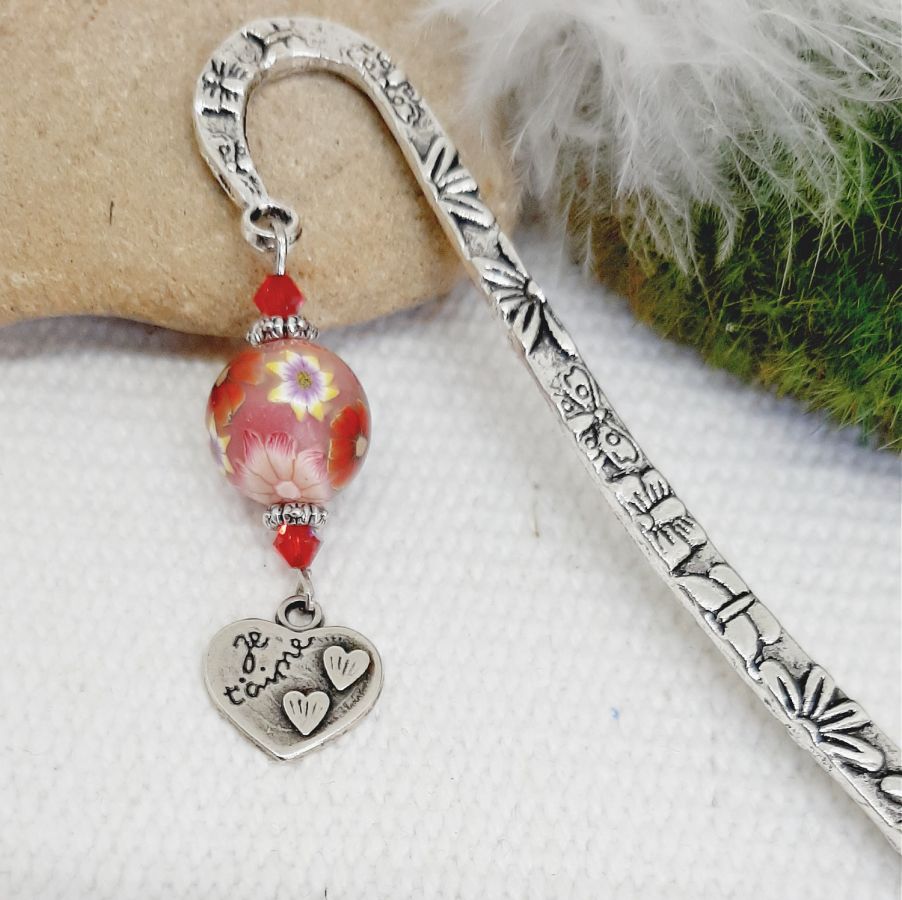 bookmark pendant heart engraved I love you and beautiful red pearl for a gift of love