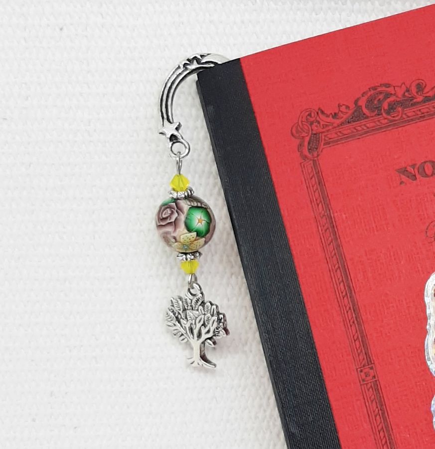 marque pages pendentif arbre de vie argenté à parsonnaliser avec perle artisanale jaune