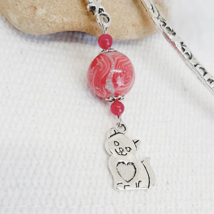 Bookmark cat pendant with heart and pearl handmade gray and strawberry