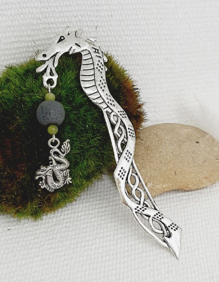 page mark dragon pendant with handmade gray pearl and natural stone bead