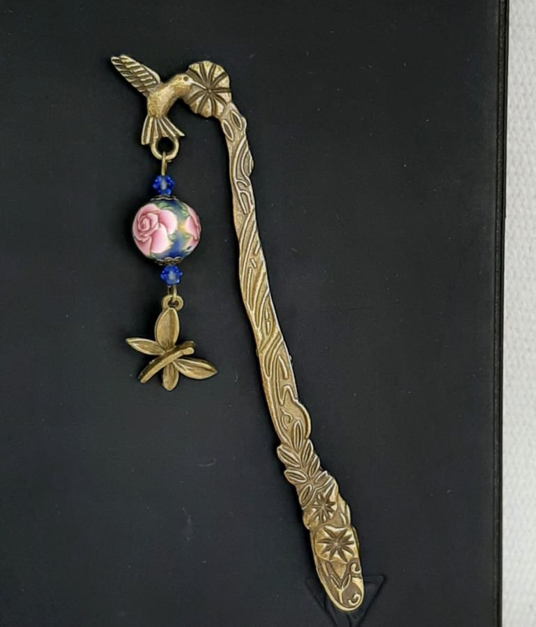 brand pages pendant libelluele bronze color with sublime pearl with pink rose handmadertisanale 