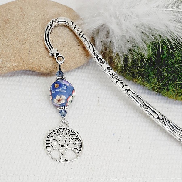 personalized bookmark tree of life silver and purple blue handmade pearl