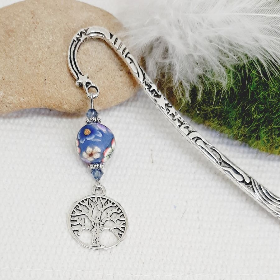 personalized bookmark tree of life silver and purple blue handmade pearl