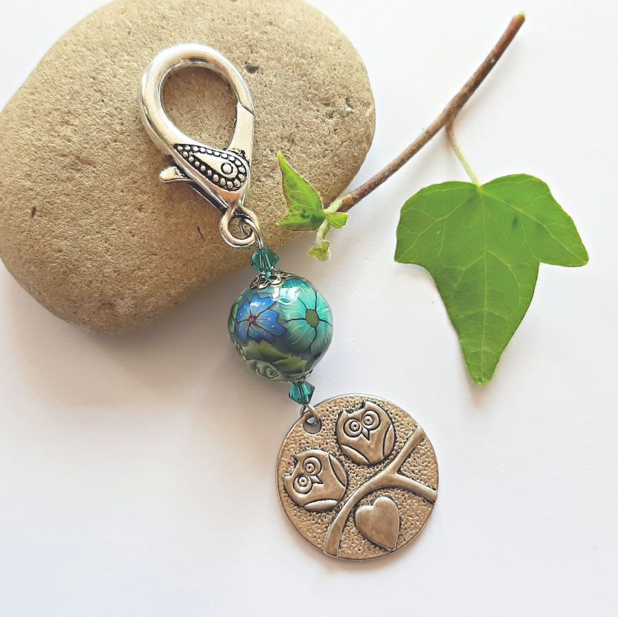 silver keychain duo owls and beautiful blue pearl green duck