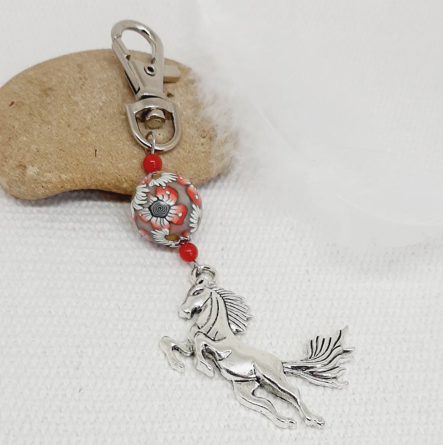 silver keychain pendant horse and beautiful handmade red and white bead designers fine and colorful pink and green