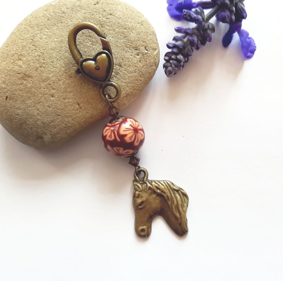 key ring pendant horse head bronze color and orange and brown pearl handmade