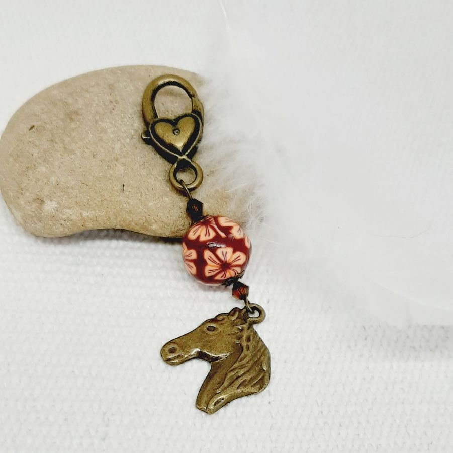 key ring pendant horse head bronze color and orange and brown pearl handmade