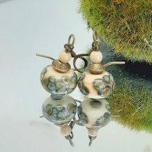 original fancy earrings with a handmade beige and bronze rakue effect glass bead