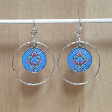 Blue/silver/green/pink flower and arabesque earrings