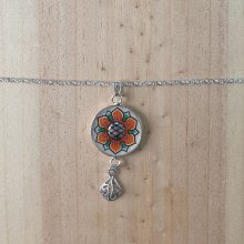 Necklace pendant illuminated spring flower orange / white on silver chain