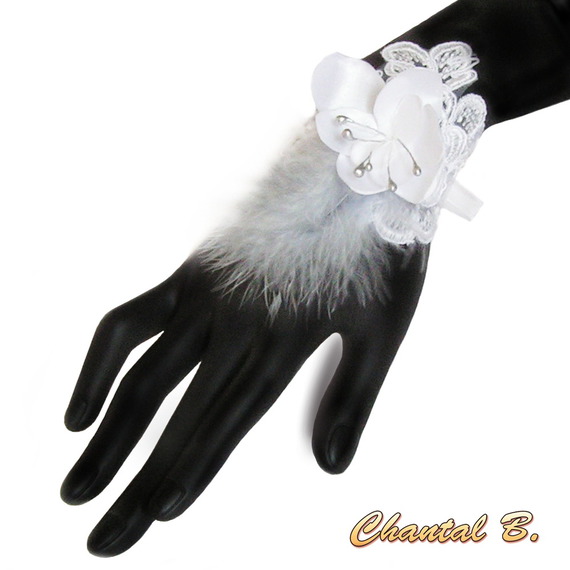 Lace and white satin flower bracelet wedding cuff